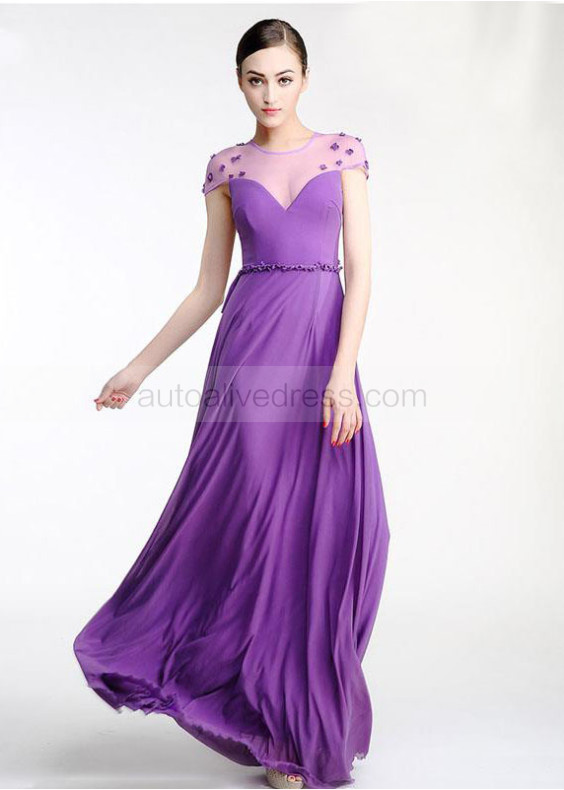 Cap Sleeves Purple Chiffon Sheer Back Unique Evening Dress